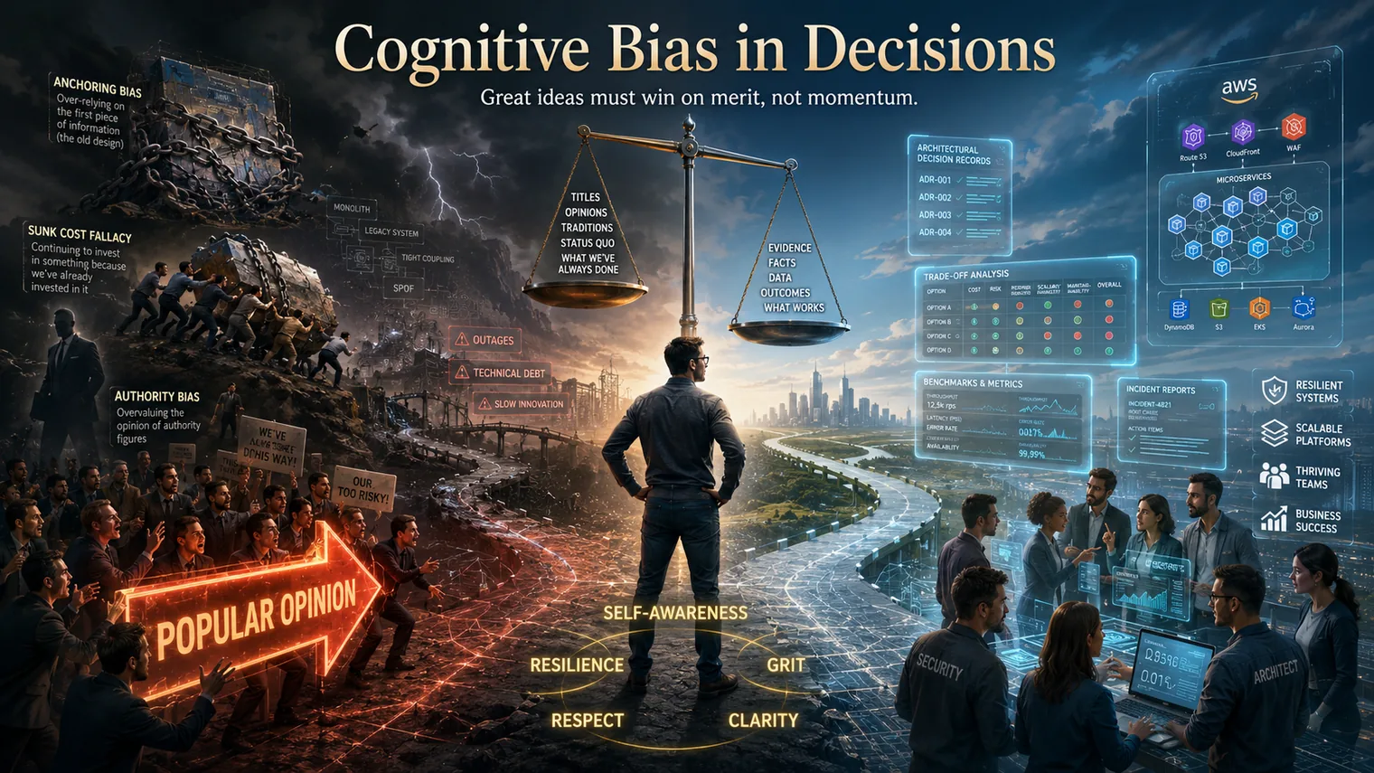 Cognitive bias in decisions: anchoring, sunk cost, and authority biases and popular opinion on one side; an architect weighing opinions and titles against evidence and data; resilient systems, thriving teams, and the traits of self-awareness, grit, resilience, and respect on the other.