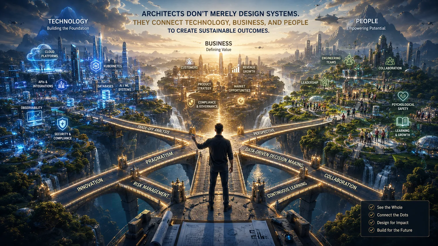 An architect at the centre of converging paths labelled trade-off analysis, pragmatism, innovation, risk management, data-driven decision making, perspective, continuous learning, and collaboration, connecting zones of technology, business, and people.