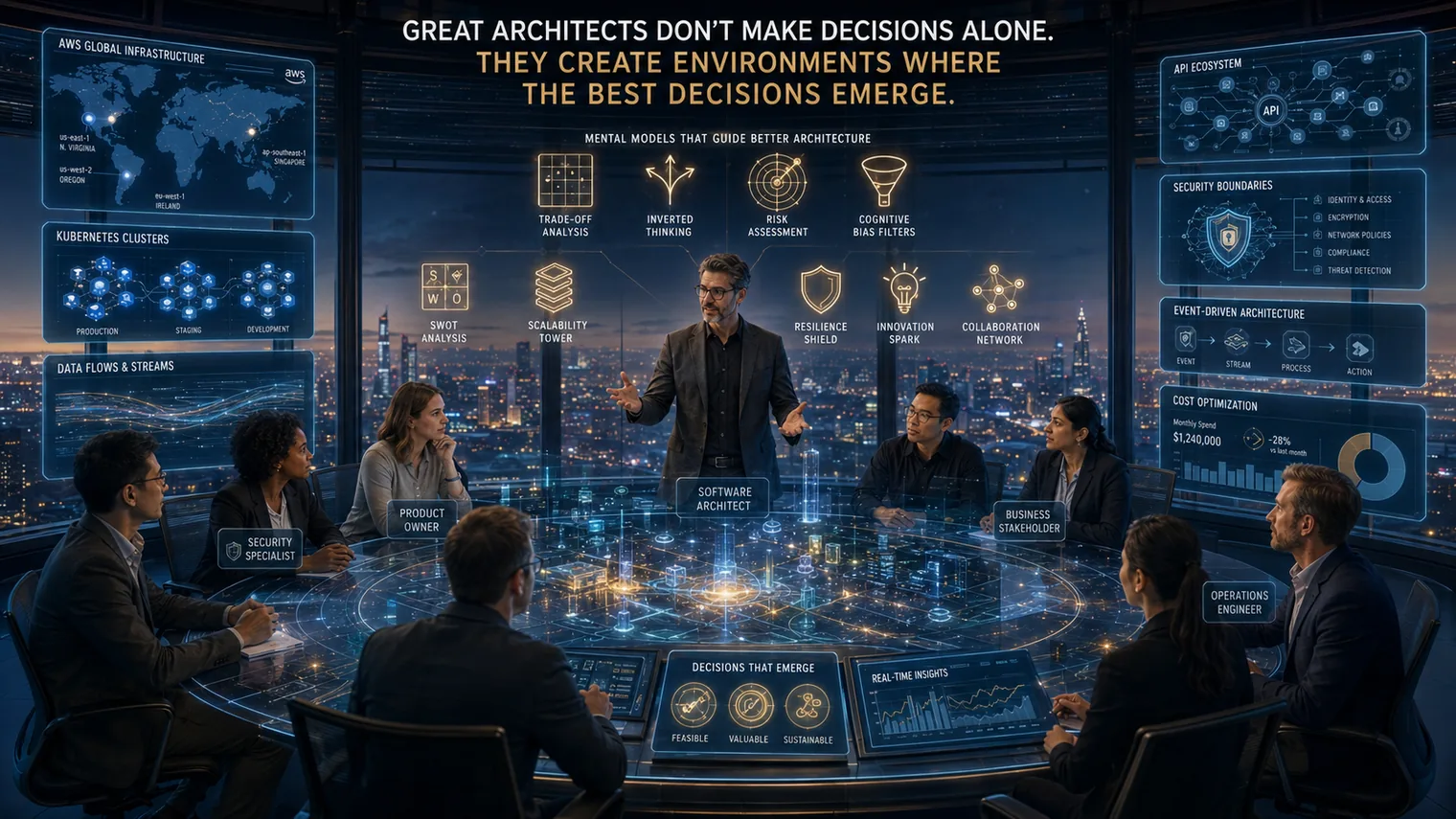 A team gathered around a holographic command table where an architect facilitates, surrounded by the mental-model engines of trade-off analysis, inverted thinking, risk assessment, cognitive bias filters, resilience, and collaboration.