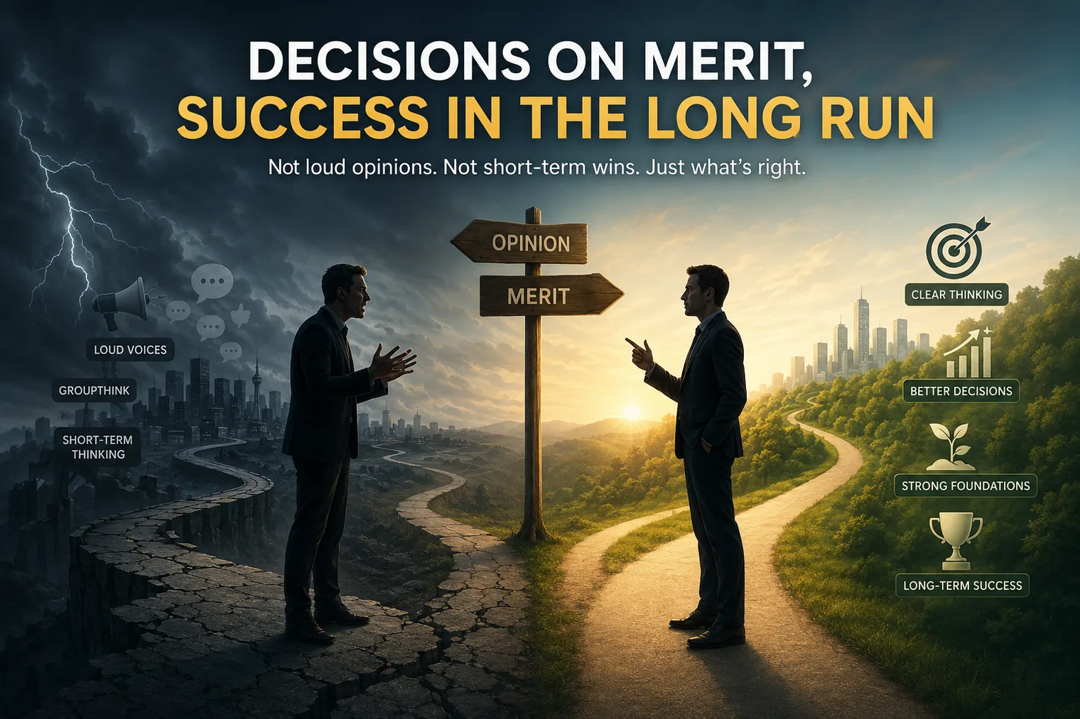 Two architects meeting at a fork in the road, one path stormy and cracked, the other lit and growing, beneath a signpost reading Opinion and Merit.
