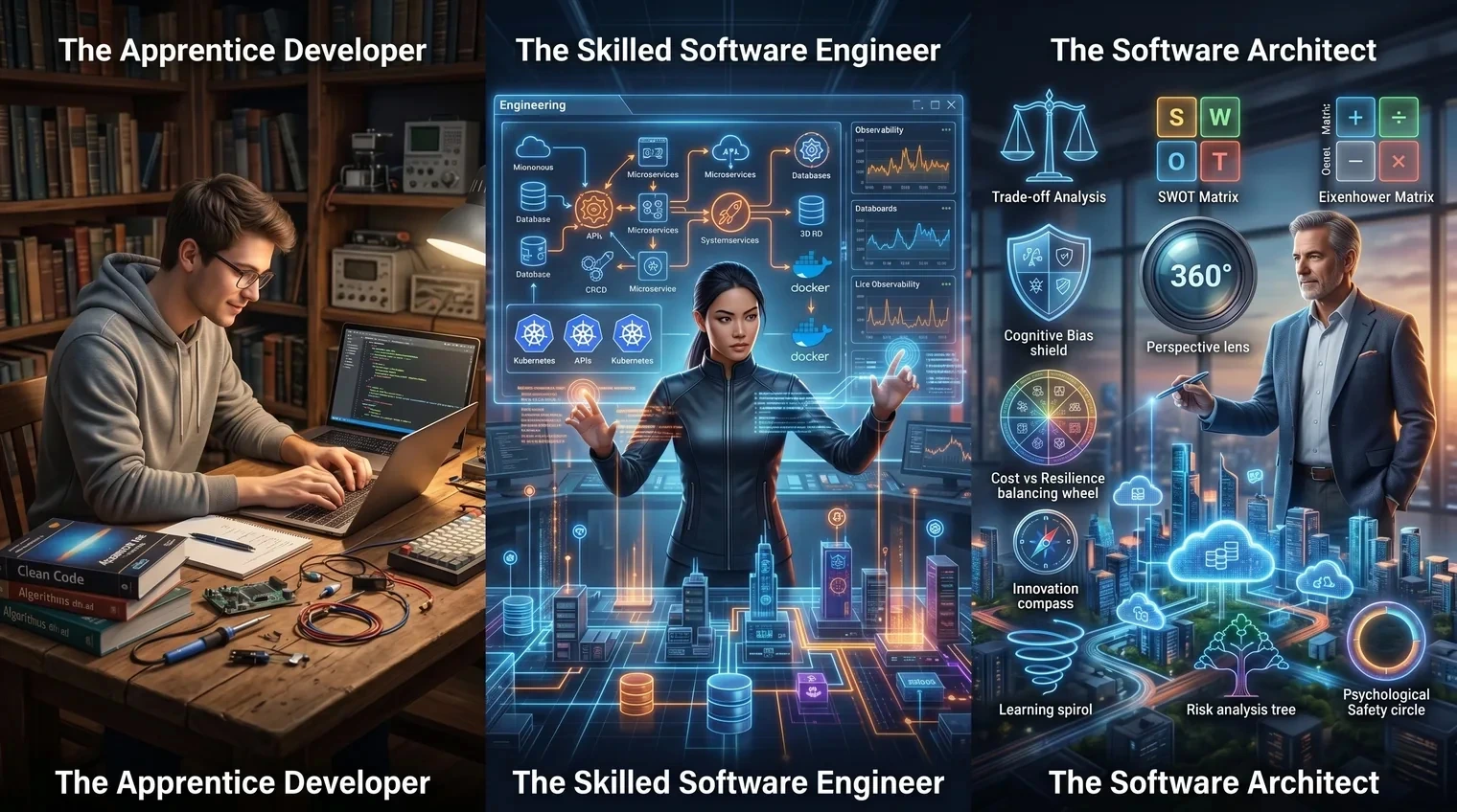 The same figure shown at three stages of growth along a rising path: an apprentice developer at a single laptop, a skilled software engineer working across several screens, and a software architect standing before a city-scale system diagram.