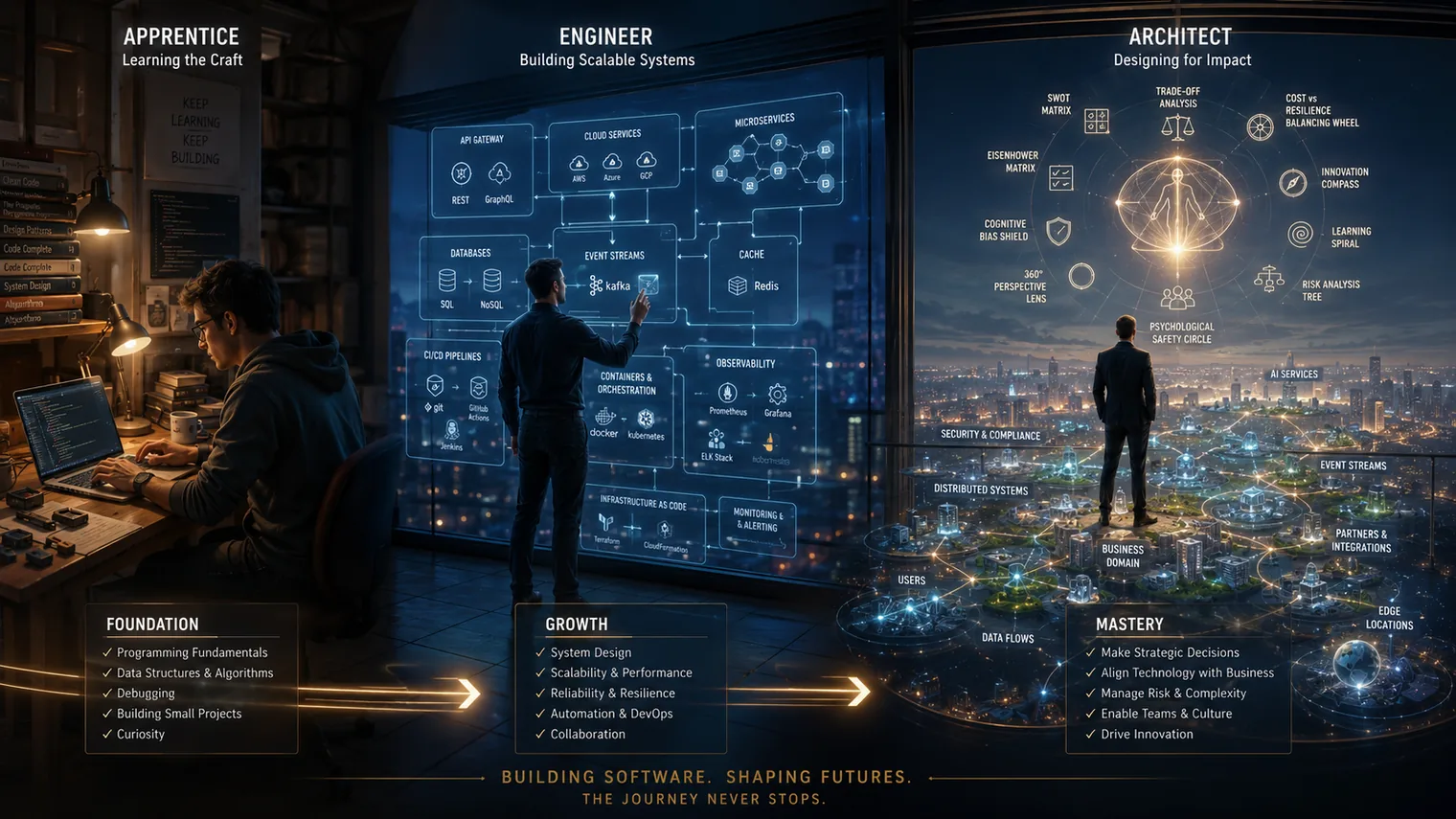 Three stages of growth side by side: an apprentice engineer coding alone, a journeyman engineer sketching a system on a whiteboard with colleagues, and a master architect presenting a cloud architecture to a room.