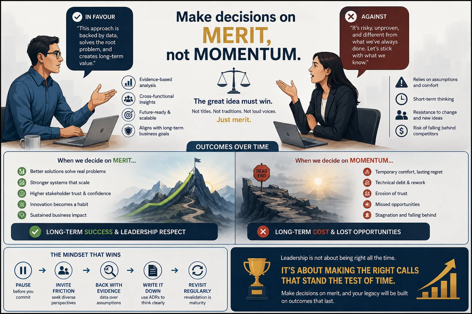 A comparison of deciding on merit versus momentum, showing long-term success and respect on one side and lasting cost and lost opportunity on the other.