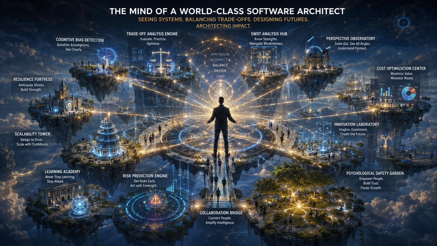 The mind of a world-class software architect: a lone figure before floating islands, each one a mental model, from cognitive bias to trade-off analysis to collaboration.