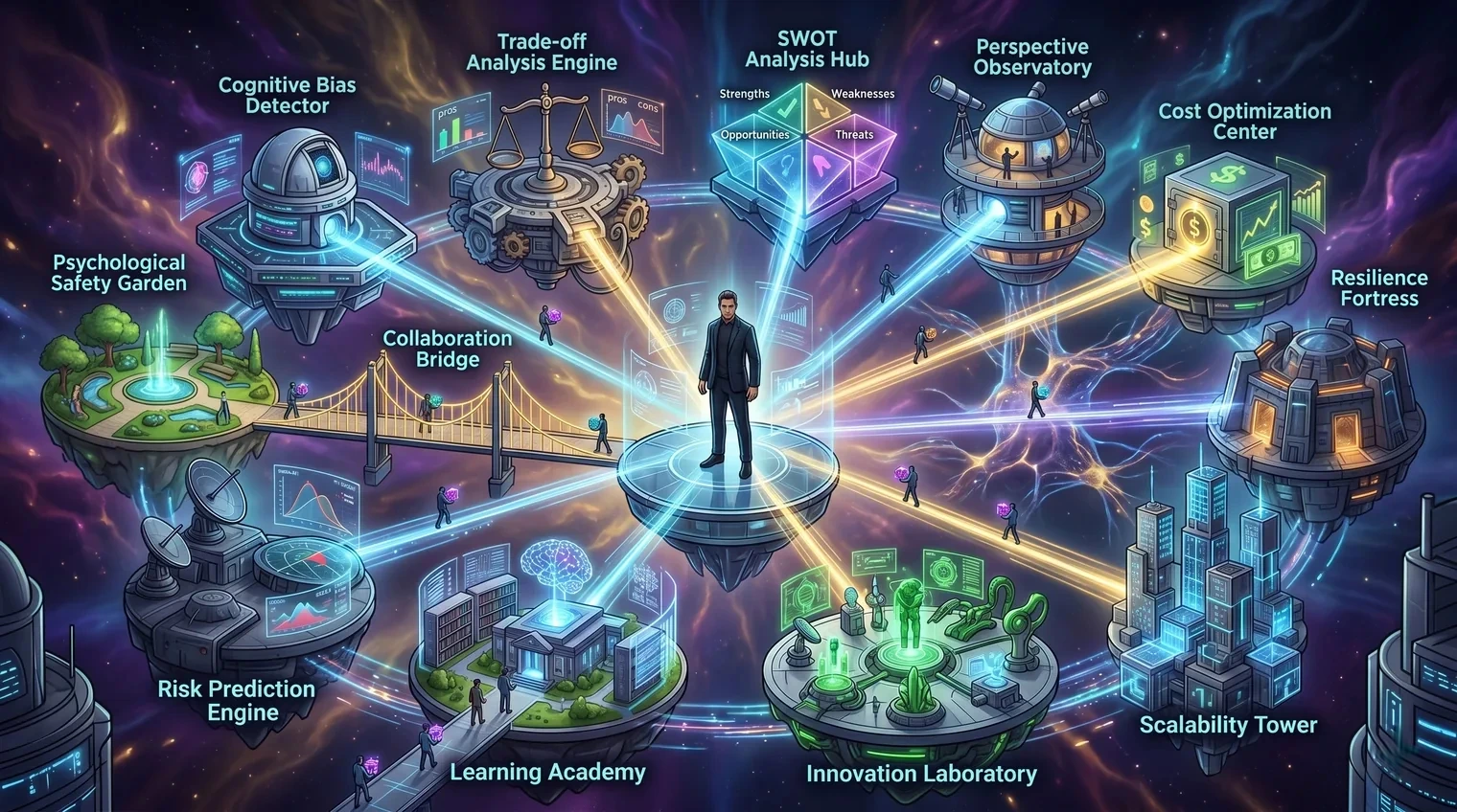 An architect on a central platform with light-beams radiating out to labelled model-islands: a cognitive bias detector, a trade-off analysis engine, a SWOT analysis hub, a perspective observatory, a resilience fortress, a risk prediction engine, a learning academy, and a psychological safety garden.