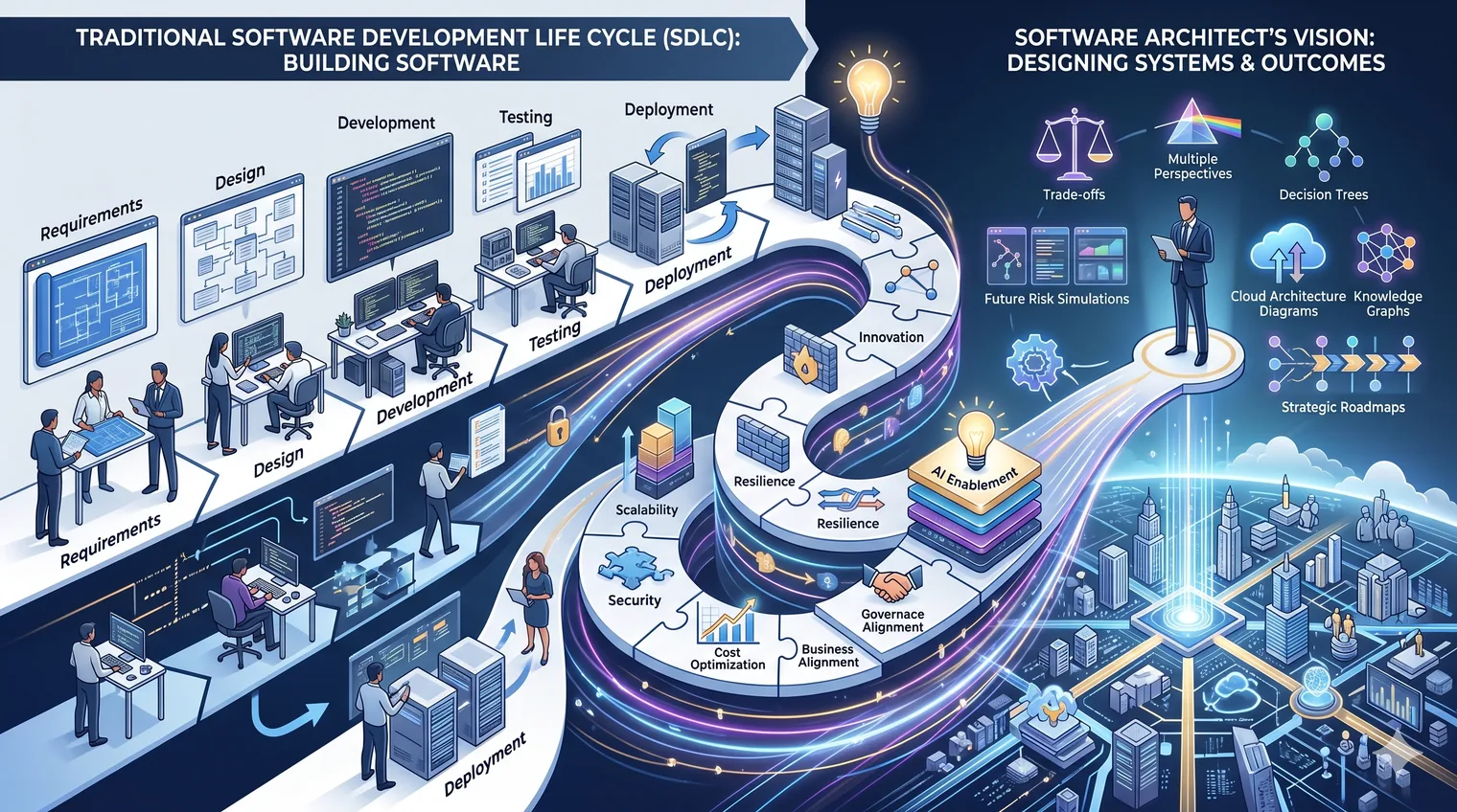 On the left, the traditional software development lifecycle of requirements, design, development, testing, and deployment; on the right, the architect's vision of trade-offs, multiple perspectives, decision trees, resilience, and business outcomes.