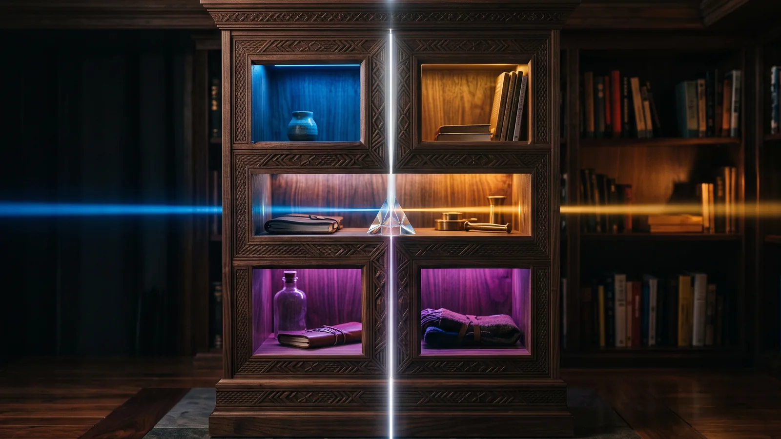 A dark wooden display cabinet in a library, its shelves lit blue, amber and violet, a glass prism at the centre splitting a vertical beam of white light.