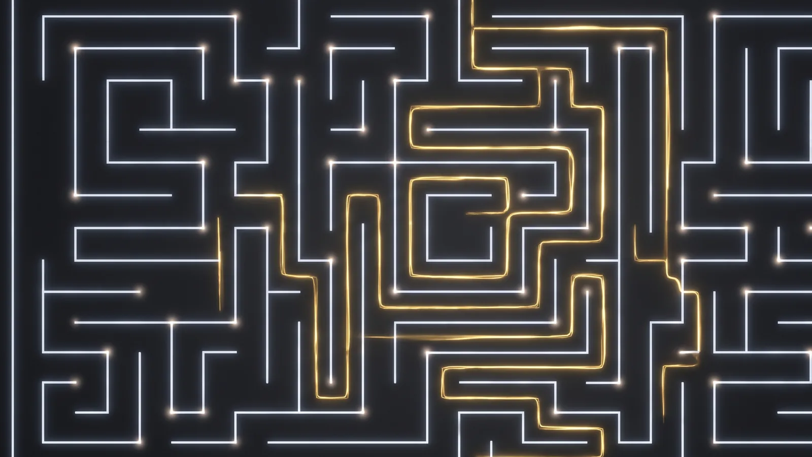 A glowing maze seen from above, one continuous amber path traced through the white-lit walls from entrance to exit.