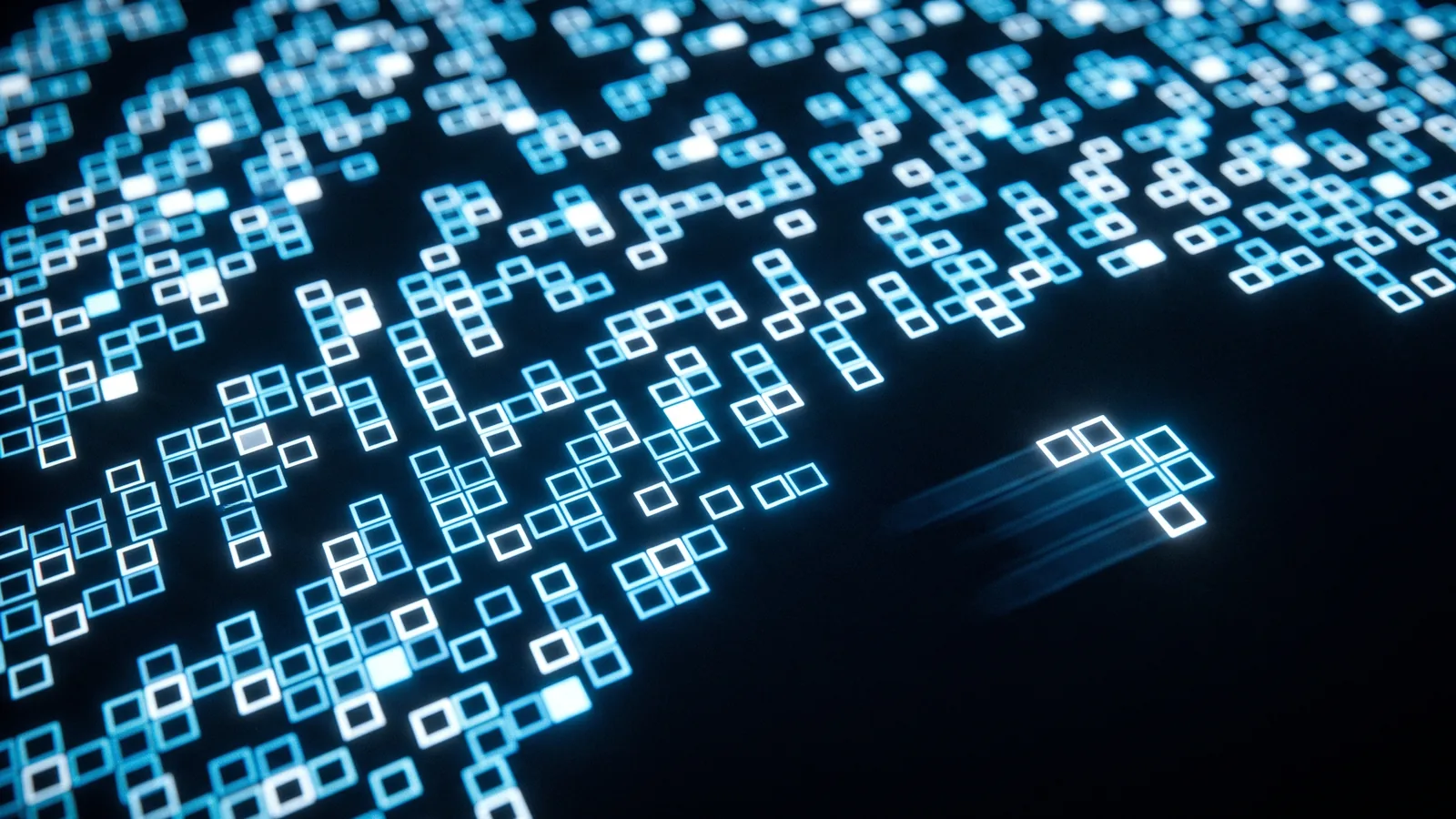 A dark field of small glowing blue squares curving into the distance, with one bright cluster of cells breaking loose and streaking across it.