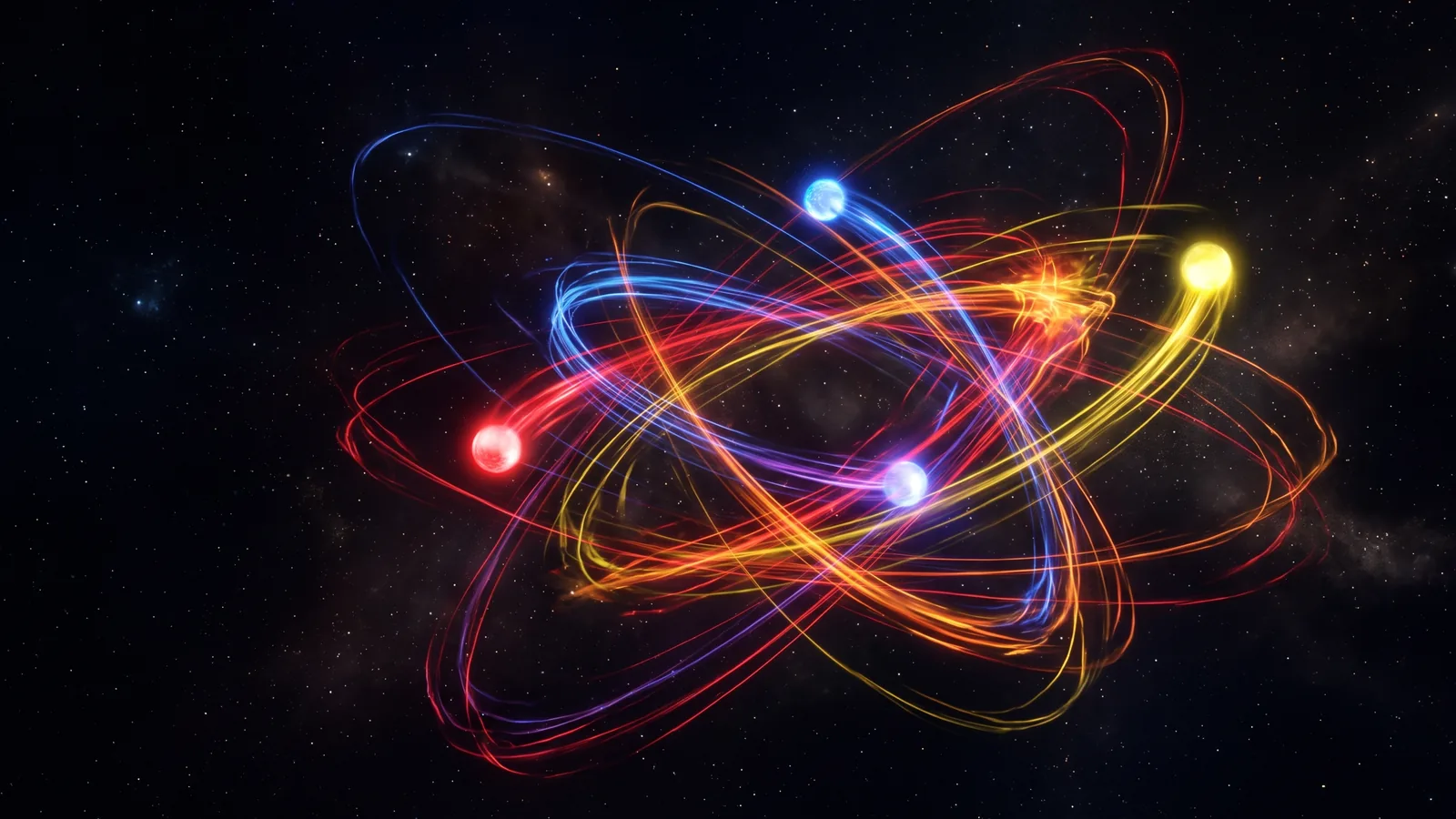 Three glowing bodies in red, blue and yellow trailing tangled looping orbits around one another against a field of stars.