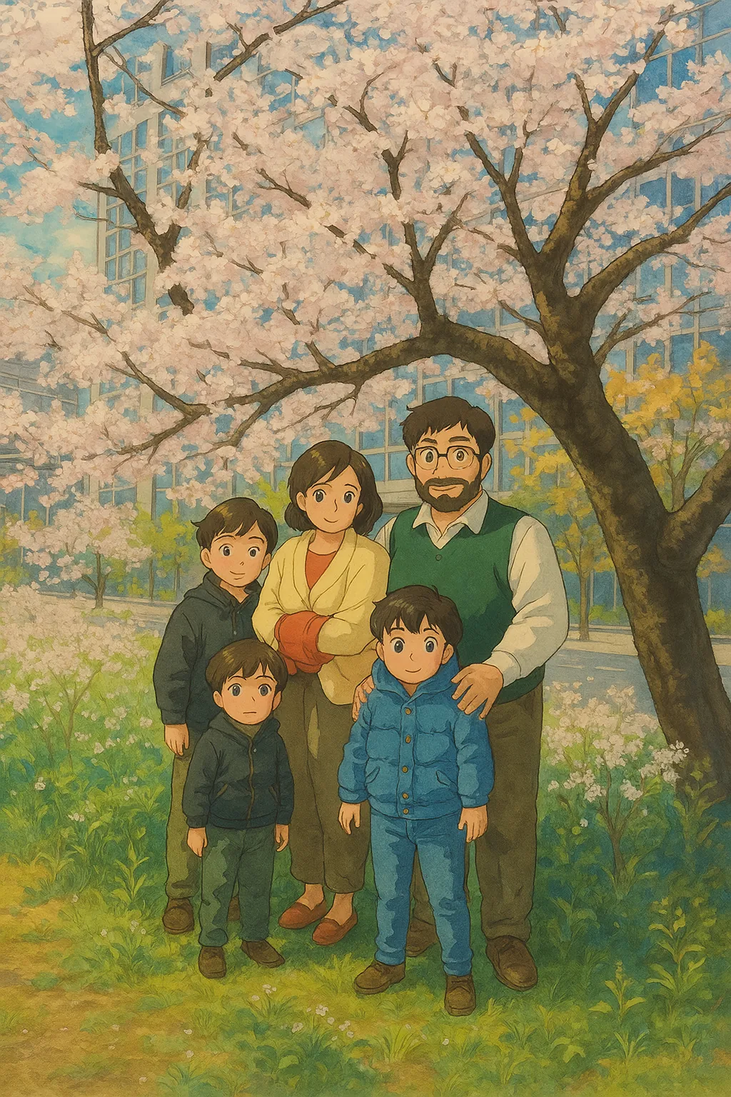 Khurram, Hafsa, Danish, Harris and Mustafa – Ghibli-style family portrait