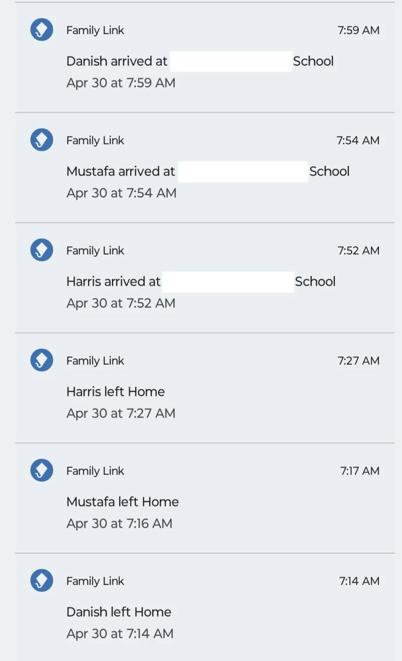 A Family Link app timeline showing Danish, Mustafa and Harris each leaving home between 7:14 and 7:27 and arriving at school between 7:52 and 7:59 one morning
