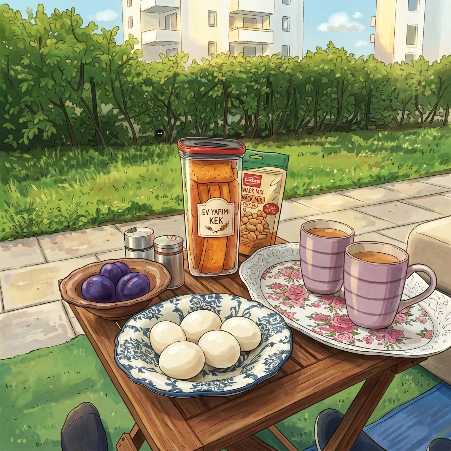 An illustration of an evening tea spread on a folding table in a garden: two cups of chai, a bowl of boiled eggs, a jar of homemade cake, a bowl of plums, and a packet of snacks, with a green hedge and apartment buildings behind.