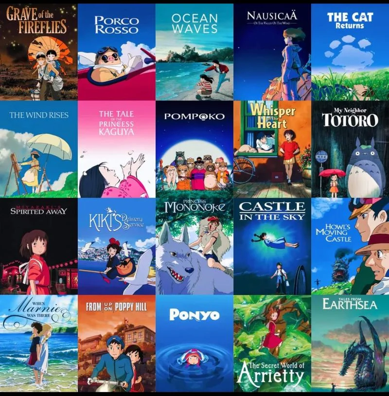 A grid of twenty Studio Ghibli film posters, including Spirited Away, Princess Mononoke, My Neighbour Totoro, Howl's Moving Castle, and Grave of the Fireflies