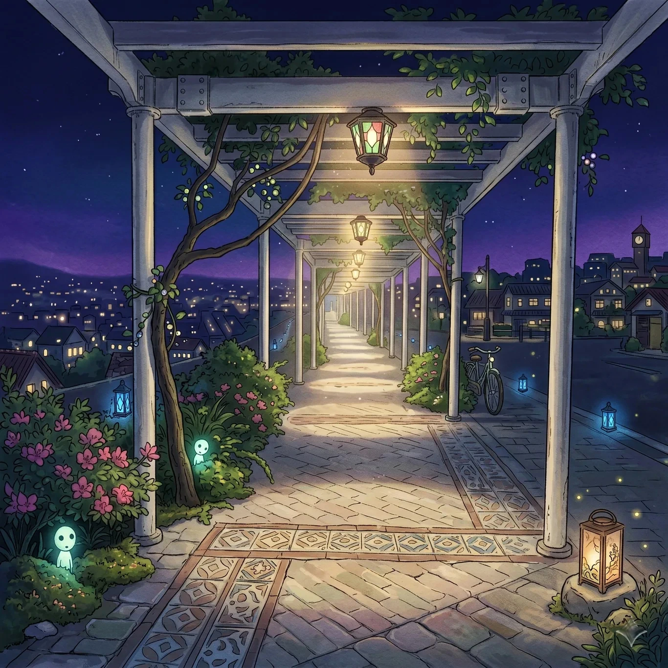 An original Ghibli-style night illustration: a lantern-lit garden pergola with glowing tree spirits (kodama), flowers, and a town glowing below.