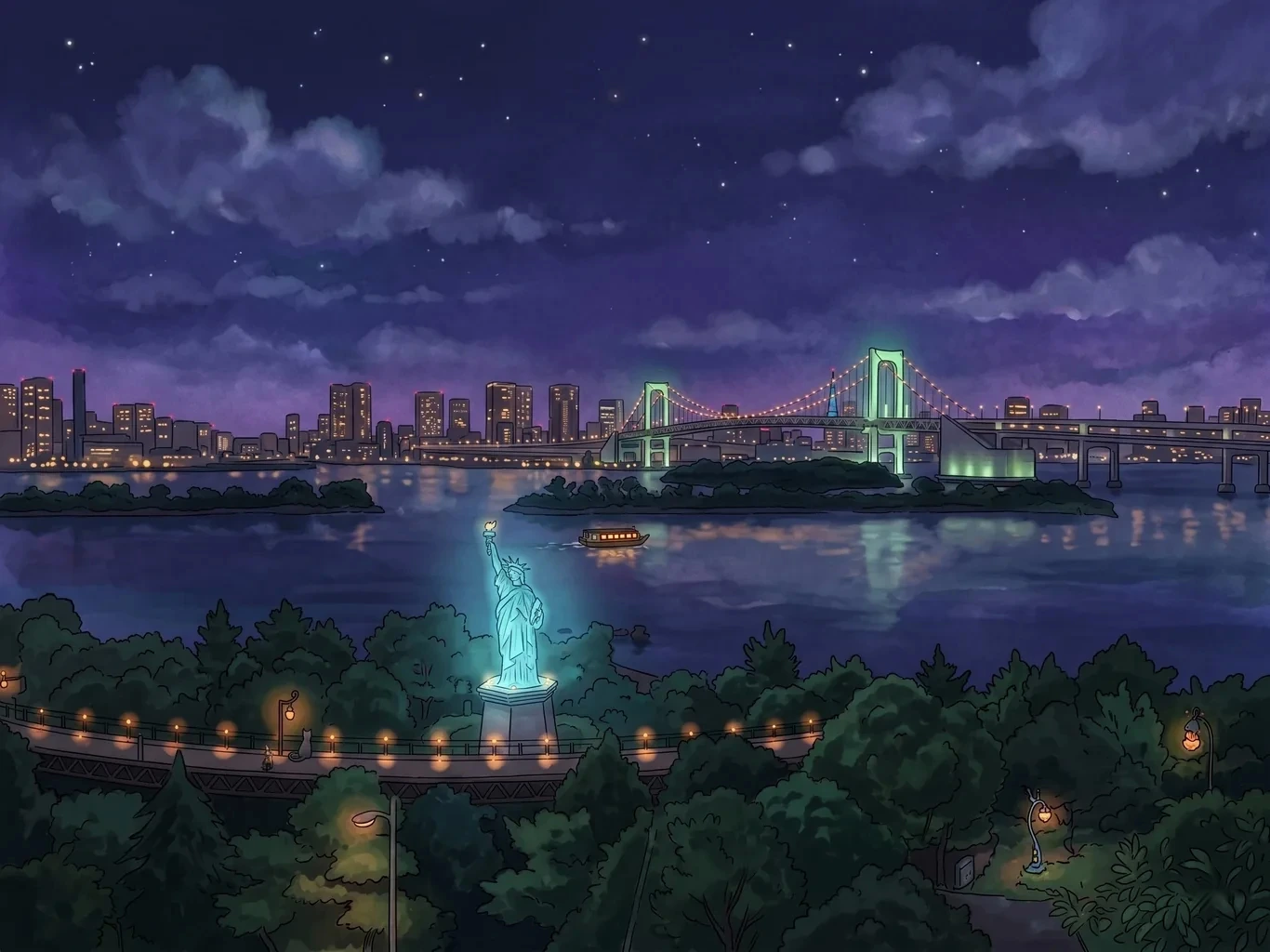 An illustrated night view of Tokyo Bay, the Rainbow Bridge lit over dark water with the city glowing behind.