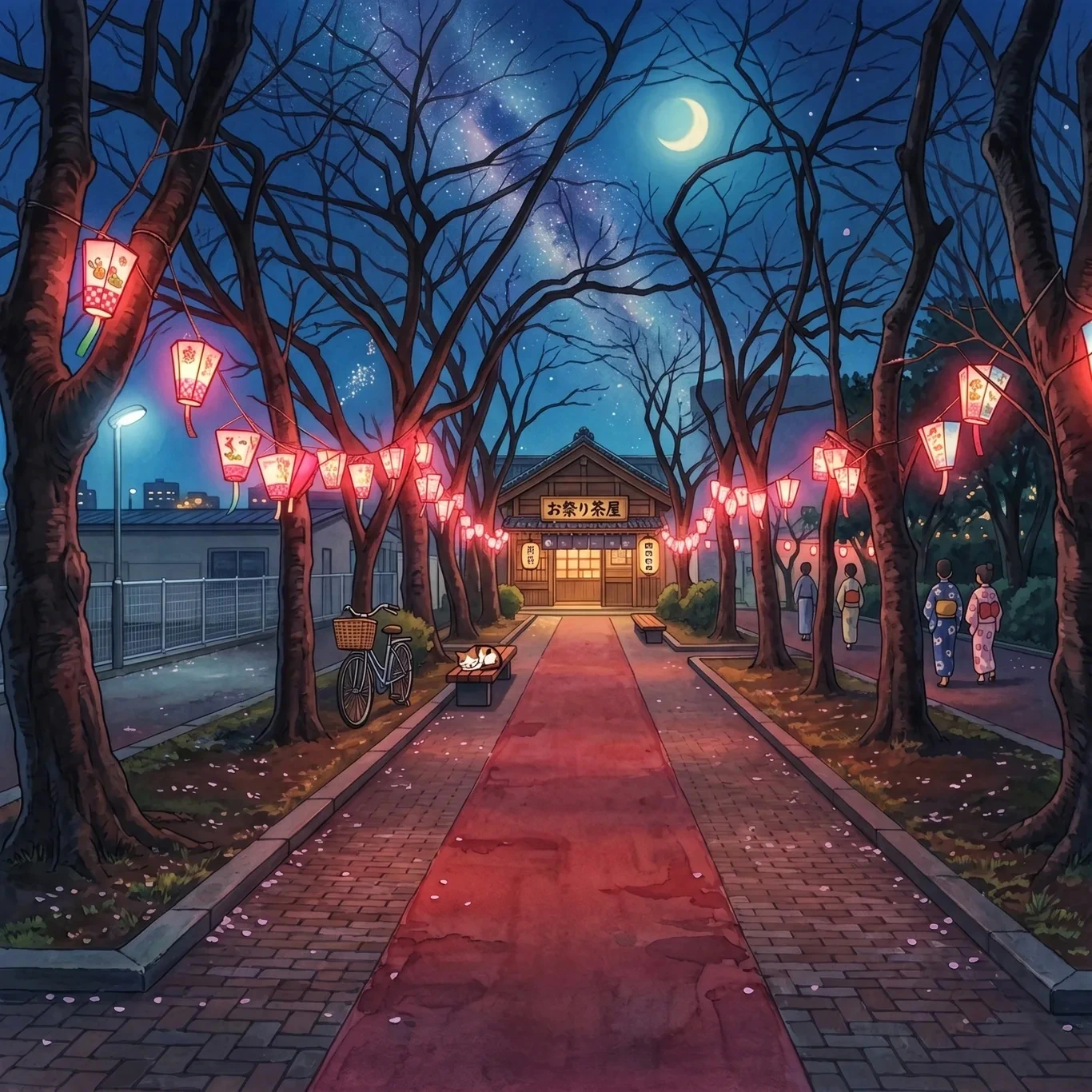 An illustrated night festival lane: red paper lanterns strung between the trees, people in yukata, and a lit festival teahouse under a crescent moon.