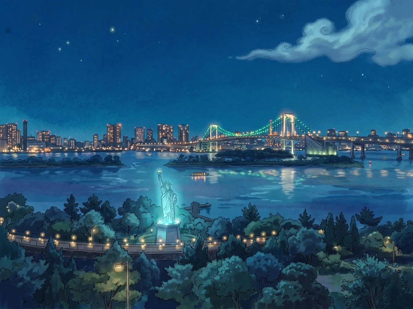 An illustrated night view of Tokyo Bay, with the Rainbow Bridge lit up over dark water and the city glittering behind it.