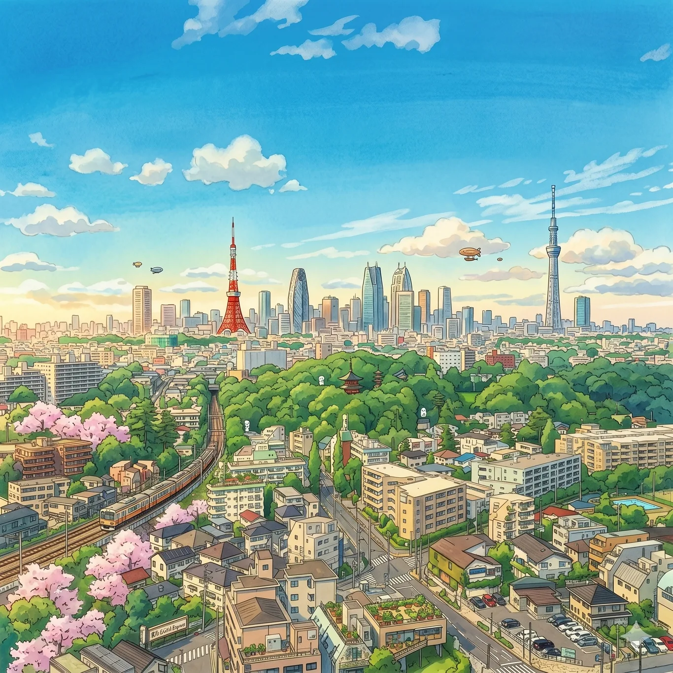 An illustrated daytime panorama of Tokyo, with Tokyo Tower and the Skytree rising above a green, low-rise city under a clear sky.
