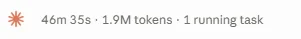 Claude session status bar reading 46 minutes, 1.9 million tokens
