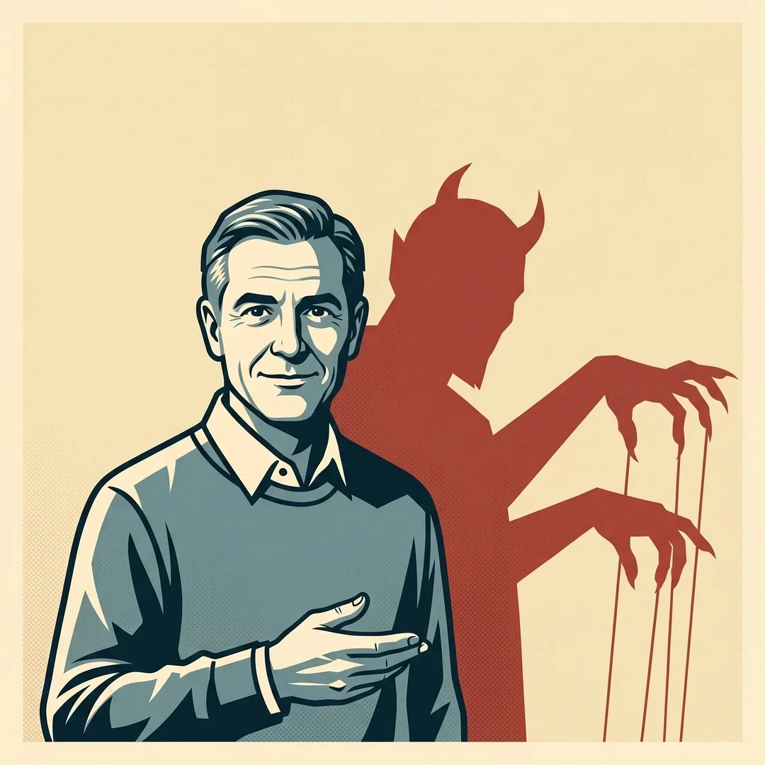 Poster illustration of a calm, smiling mentor with his hand on his heart, while his shadow on the wall behind him is a horned figure with long claws holding puppet strings
