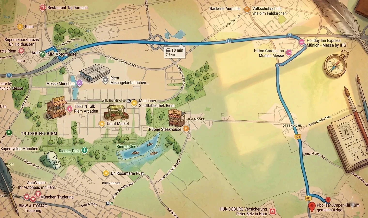 An illustrated map of the short drive from a petrol station in Riem to the Klinikum in Haar, marked ten minutes and 7.9 kilometres.
