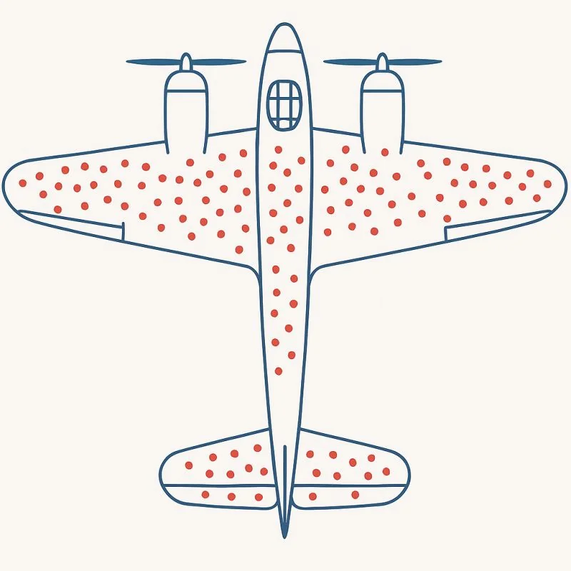 A line drawing of a plane peppered with red dots across its wings, tail, and fuselage, while the engines and cockpit stay clean: the survivorship-bias diagram.