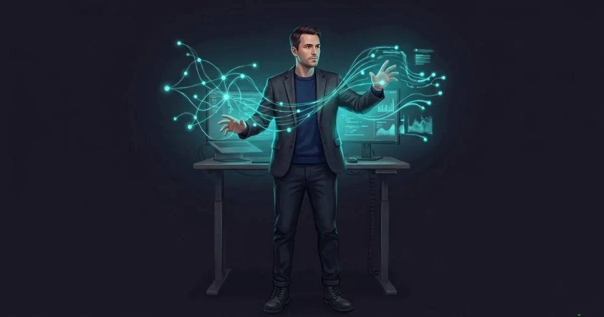 A software engineer shaping a luminous teal field of neural connections and data rising from the screens, building with AI.