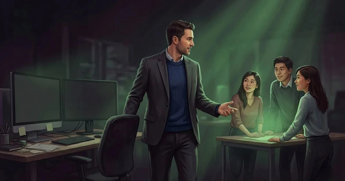 A software engineer turning from a desk of monitors toward a small team he is guiding, lit in green.