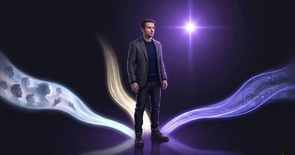 A software engineer where three streams of light, people, business value, and technology, converge toward a violet north-star.