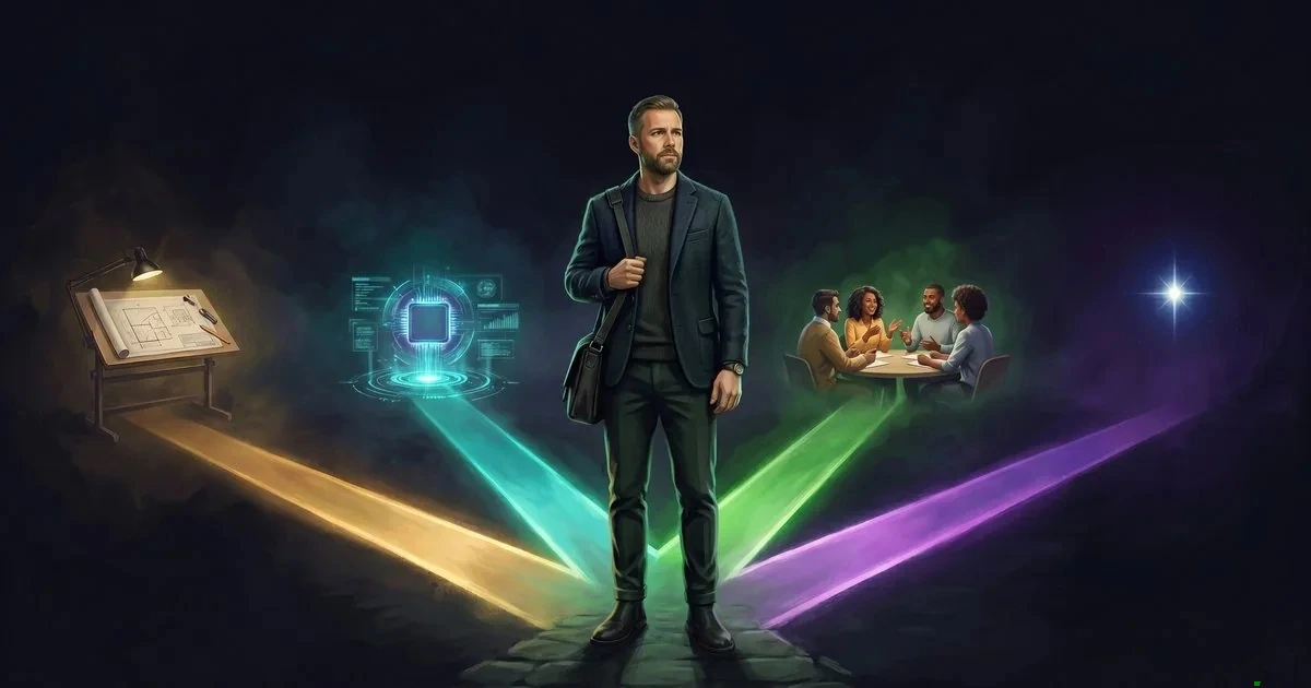 A software engineer at a fork of four glowing coloured paths leading toward a drafting table, an AI core, a team, and a north-star.